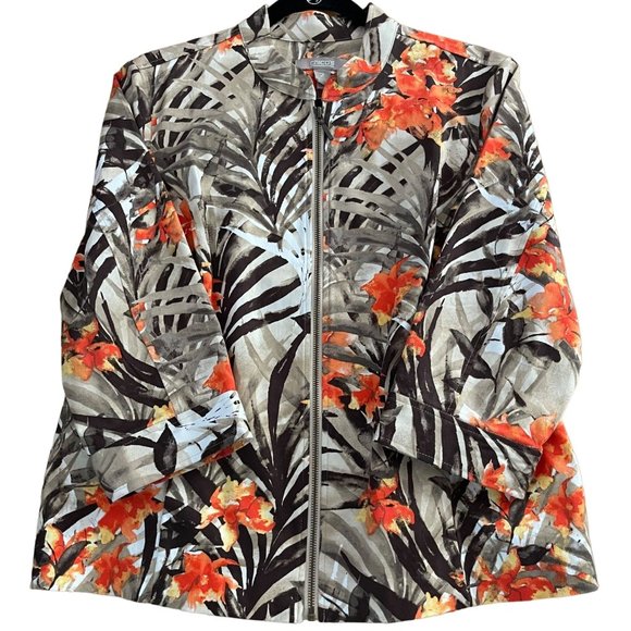 Chico's Size 2 Floral Full Zip Coat Orange Brown Jacket Size Med/12 Pockets - Picture 1 of 6